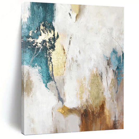 “Turquoise, Gold & White Abstract” - Turquoise, Gold & White Tropical - Inspired Painting On Canvas DKH1014