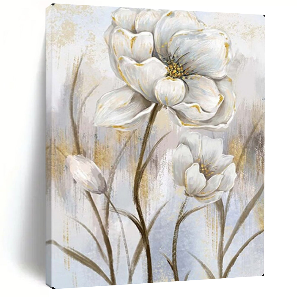“Elegant White Flowers with Gold Accents” – Floral Oil Painting On Canvas CT2124