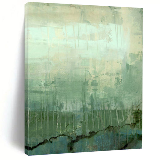 “Green - Blue Abstract Landscape” - Green, Blue & Gray Textured Painting On Canvas DKH0952
