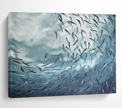 “School of Fish in Blue Depths” - Expressive Marine Painting On Canvas DKH792