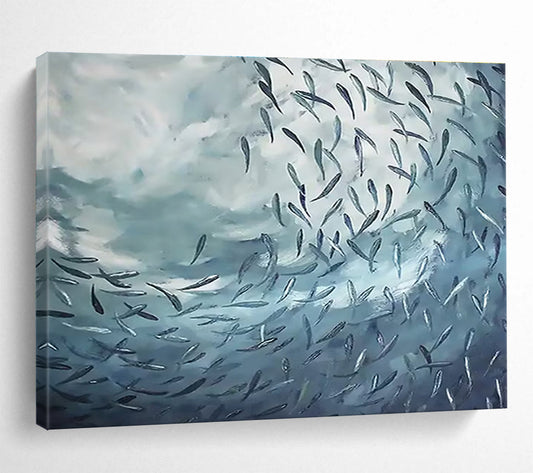 “School of Fish in Blue Depths” - Expressive Marine Painting On Canvas DKH792