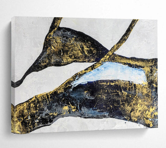 “Gilded Organic Shapes - Black, Gold, and Blue” Painting On Canvas DKH011
