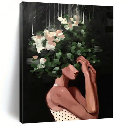 “Black, Green, White Floral Head ‘Botanical Elegance’” - Figurative Flower Painting On Canvas DTP323