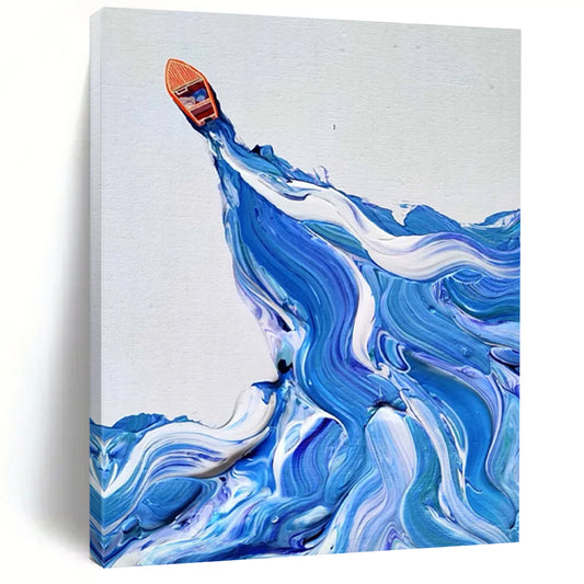 “Blue, White, Orange Boat ‘Ocean Voyage’” - Impasto Sea & Boat Painting On Canvas DTP321