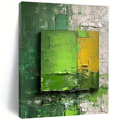 “Green - Yellow Layered Squares” - Impasto Abstract Painting On Canvas DTP030