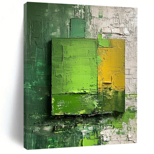“Green - Yellow Layered Squares” - Impasto Abstract Painting On Canvas DTP030