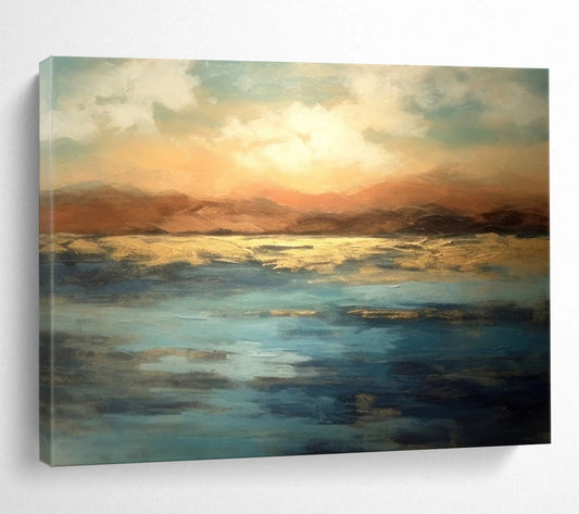 “Sunset - Colored Lake And Mountains” Abstract Landscape Painting On Canvas DLZ055