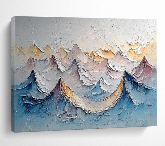 Layered Mountain Peaks - Gray, Blue & Yellow Landscape Painting On Canvas DKH902