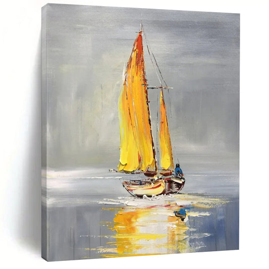 “Yellow - Sailed Boat” - Gray & Yellow Sailboat Painting On Canvas CT2198
