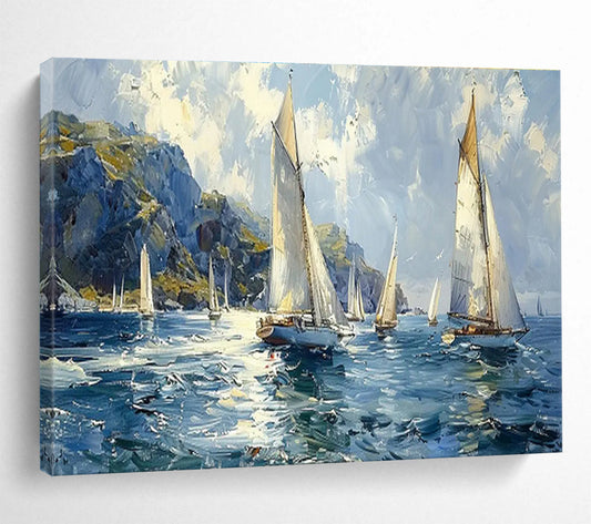 Sailing Boats On A Breezy Sea Painting On Canvas DKH669
