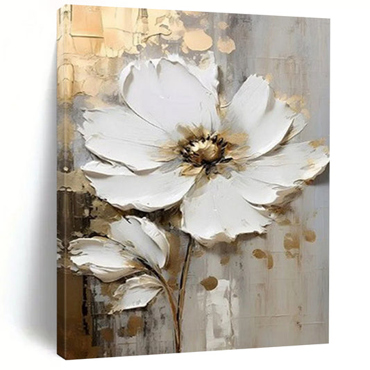 “Textured White Floral” - White, Gold, Gray 3D Flower Painting On Canvas DTP300