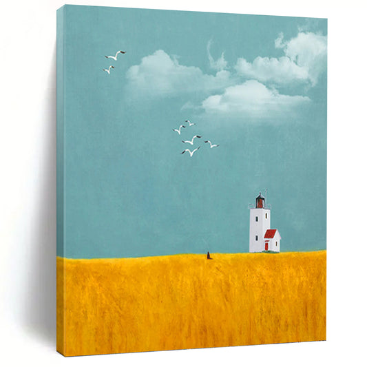 Lighthouse in Golden Field Under Blue Sky - Landscape Painting On Canvas DKH1429