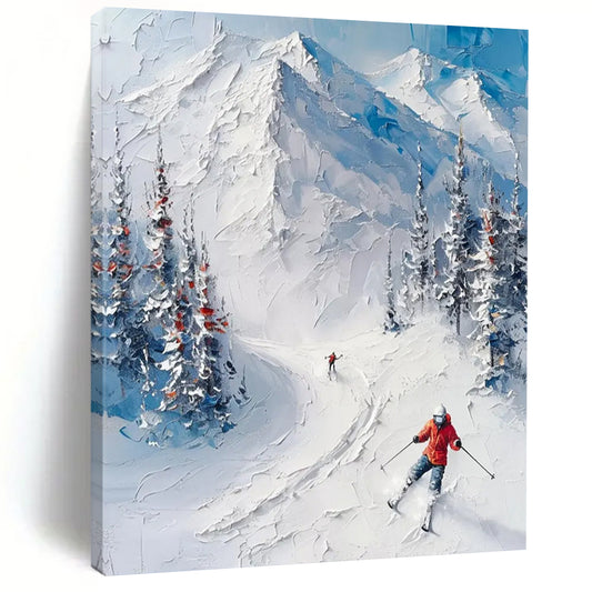 “White, Blue, Green Snowy Mountain ‘Ski Adventure’” - Impasto Landscape Painting On Canvas DTP313