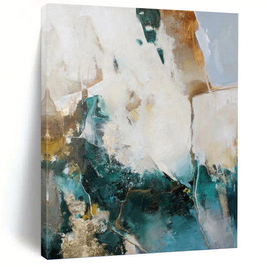 “Teal, Gold & White Abstract” - Teal, Gold & White Art Deco - Inspired Painting On Canvas DKH1013