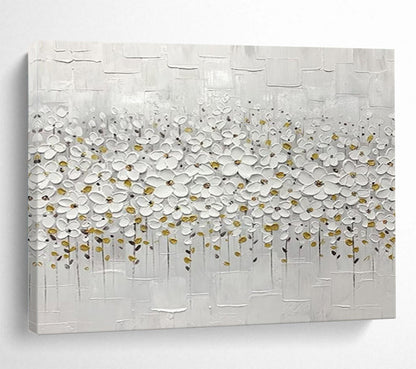 White Flowers with Gold Accents - Minimalist Impasto Painting On Canvas DLZ214