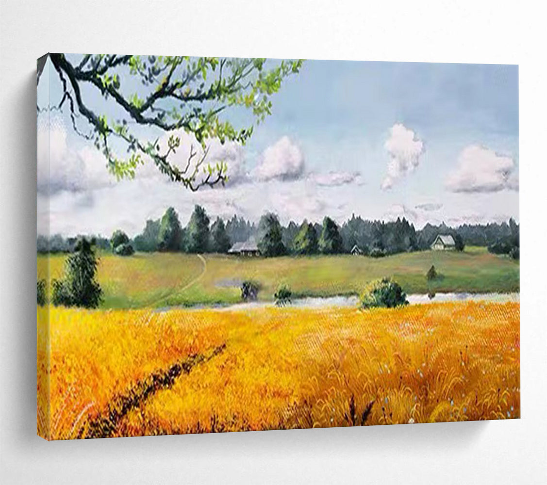 Golden Field and Cottage - Realist Landscape Painting On Canvas DLZ208