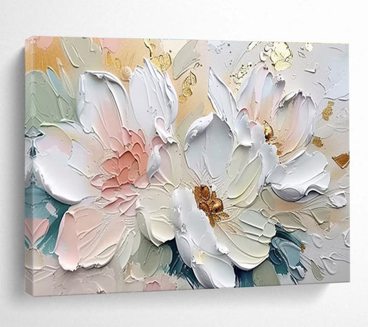 “Gilded Petal Elegance” - White, Pink, Gold Floral Relief - style Painting On Canvas DKH712
