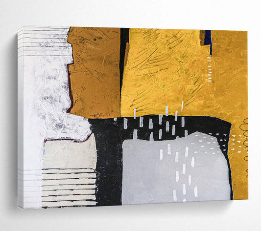 Earthy Geometric Collage in Mustard, Black, and Cream, Abstract Mixed - Media Painting On Canvas DKH574