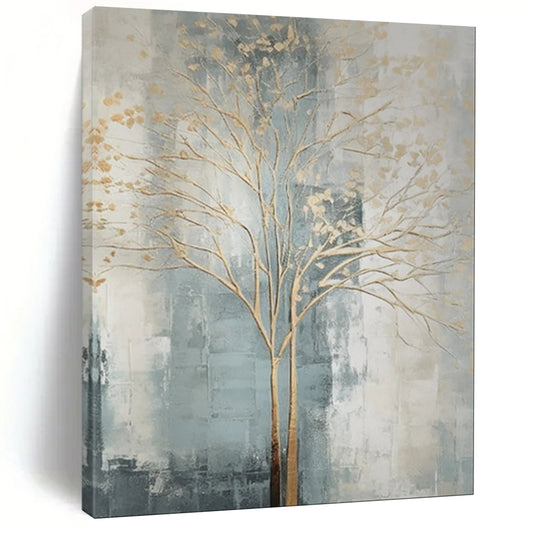 Gold Tree, Blue - Grey Background - "Gilded Growth" - Abstract Landscape Painting CT1838