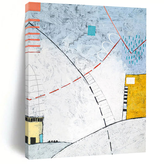 Linear Abstract Landscape - Blues, Reds, and Architectural Elements Painting On Canvas CT2381