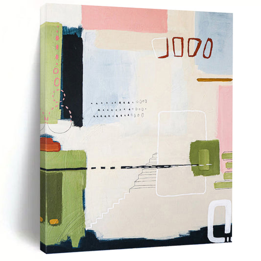 “Pastel - Colored Abstract with Geometric and Dotted Details” - Whimsical Abstract Painting On Canvas DKH1109