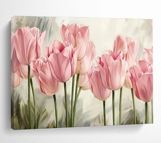 Realistic Pink Tulips - Pink & Green Floral Painting On Canvas DKH898