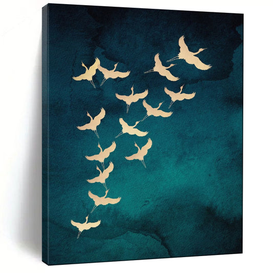Golden Cranes Teal Blue Wash Oriental Inspired Avian Art CT1919