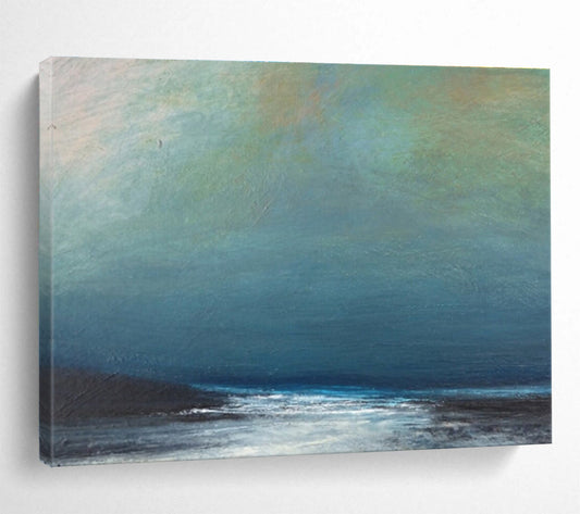 Muted Blue and Gray Seaside “Hazy Coastal Calm” Painting On Canvas DKH107