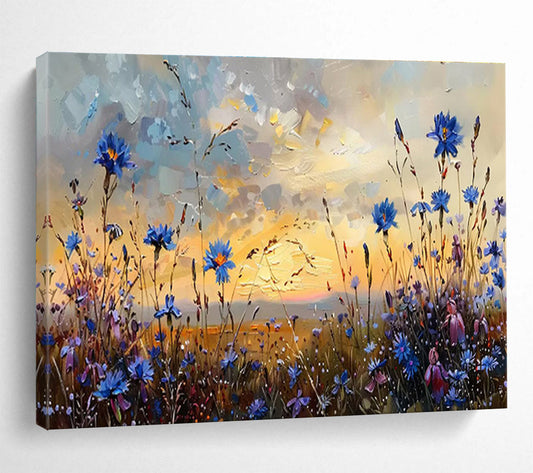 “Dusk Meadow Blues” - Blue, Purple, Orange Floral & Sky Impressionistic Painting On Canvas DKH698