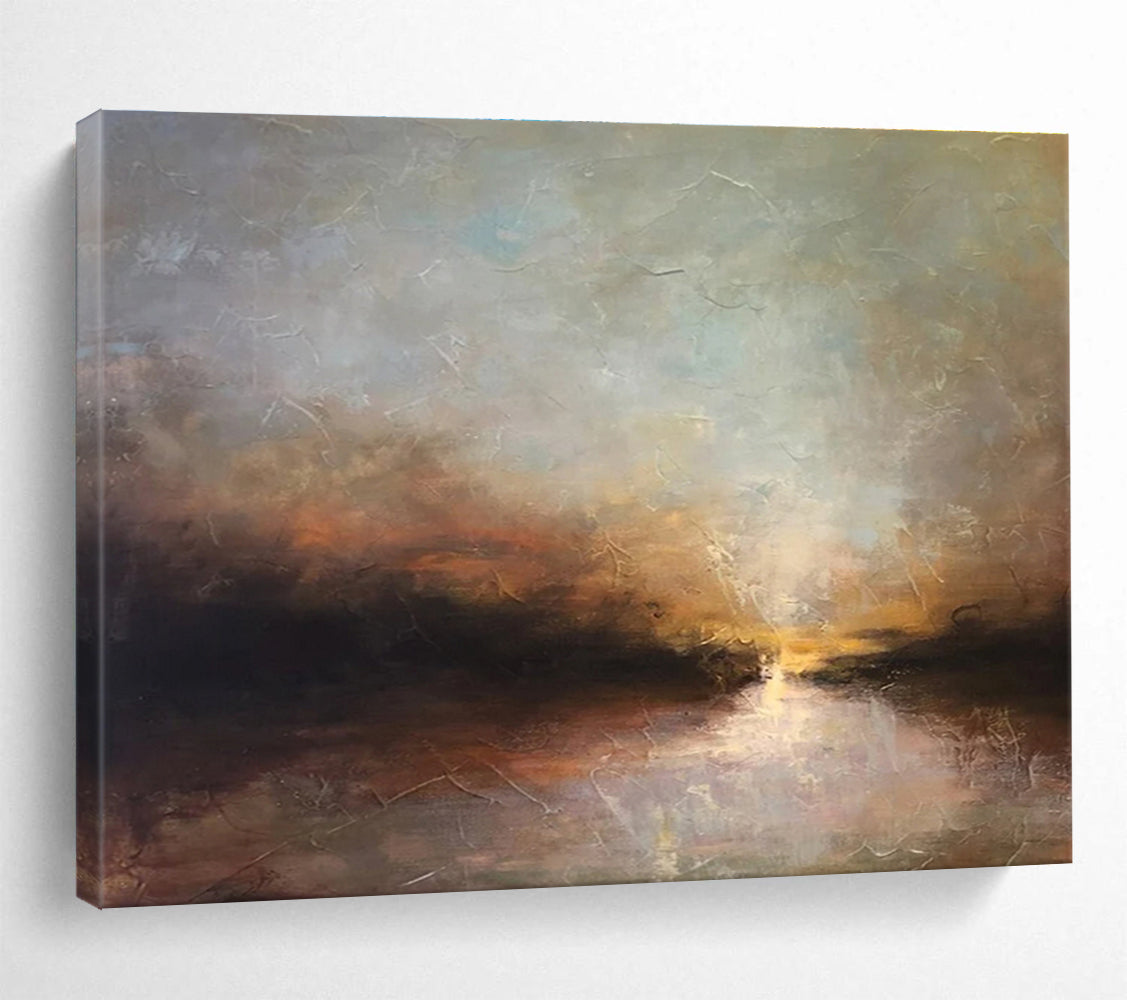 “Crackled Texture Sunset River” - Textured Landscape Painting On Canvas DKH774