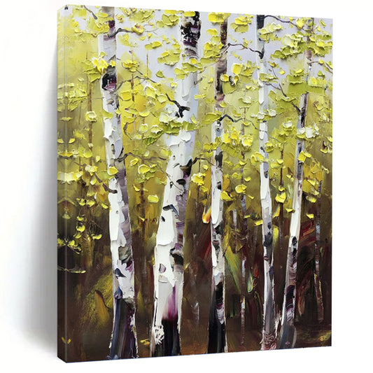 Sunlit Birch Forest in Green and Yellow - Landscape Painting On Canvas DKH1282