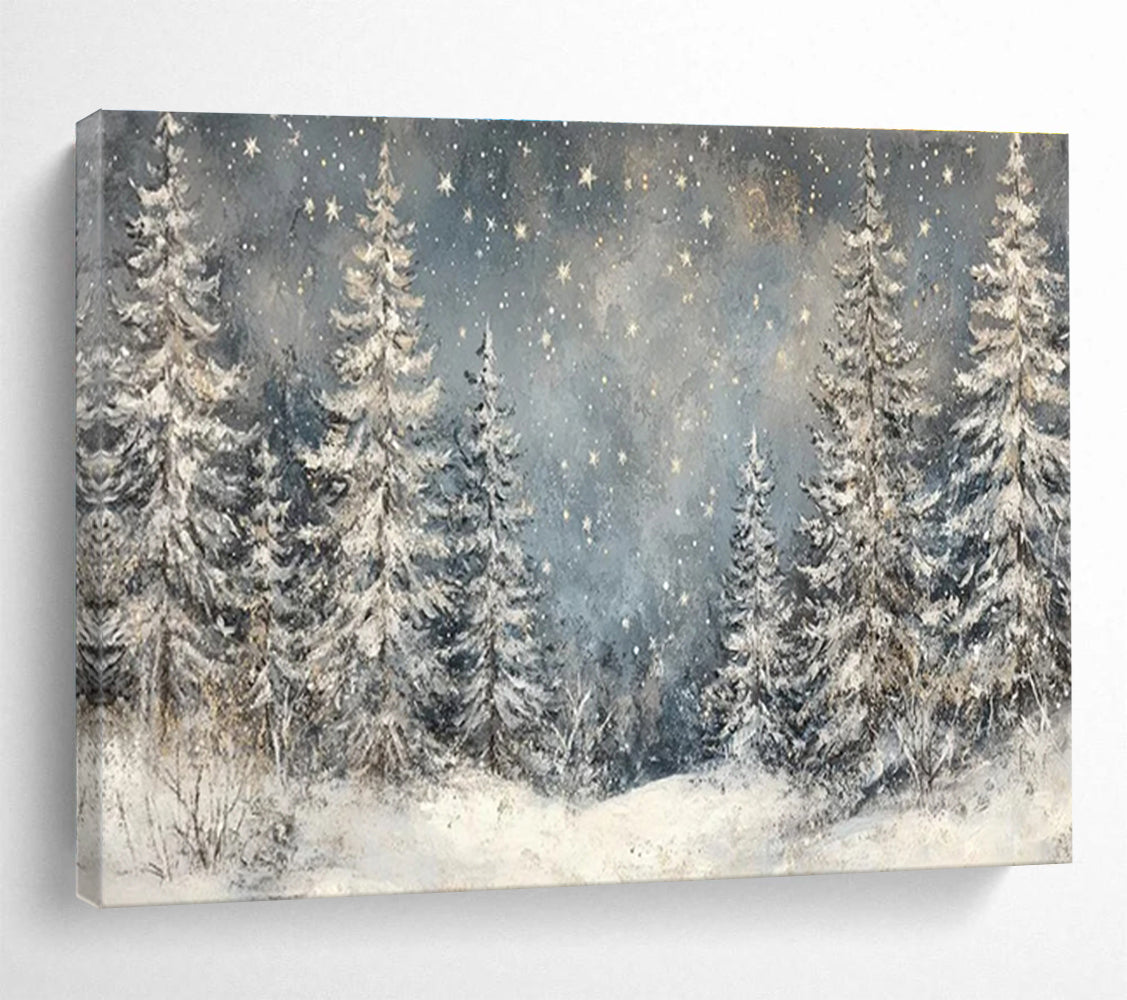 “Snowy Forest Starry Night” - Enchanting Winter Painting On Canvas DKH810