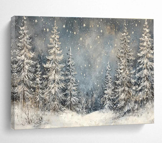“Snowy Forest Starry Night” - Enchanting Winter Painting On Canvas DKH810
