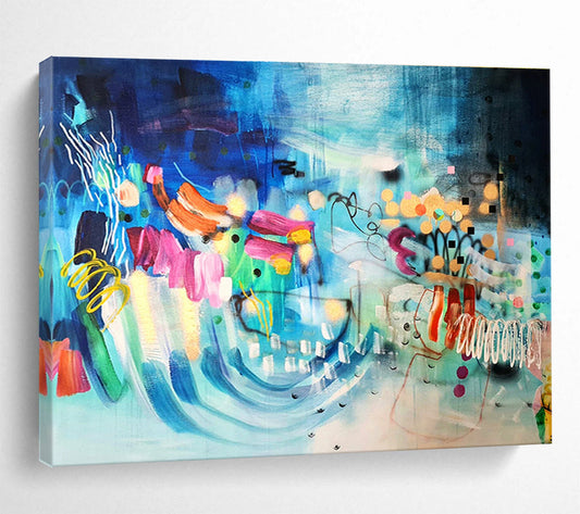 Blue Abstract with Colorful Forms - Eclectic Shapes and Lively Marks Painting On Canvas DKH064