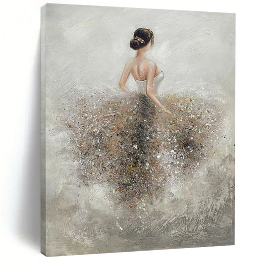 “Ballerina in Sparkling Skirt” - Gray & White Figurative Painting On Canvas CT2208