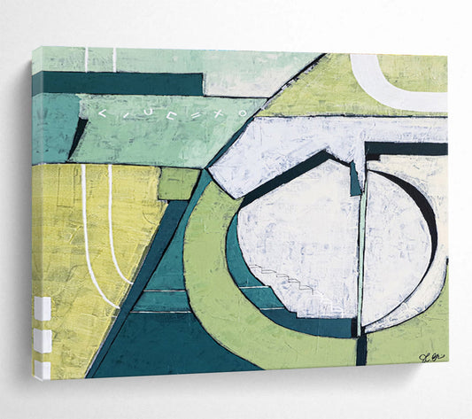 “Green - White Geometric Abstraction” Abstract Mixed - Media Painting On Canvas DKH543