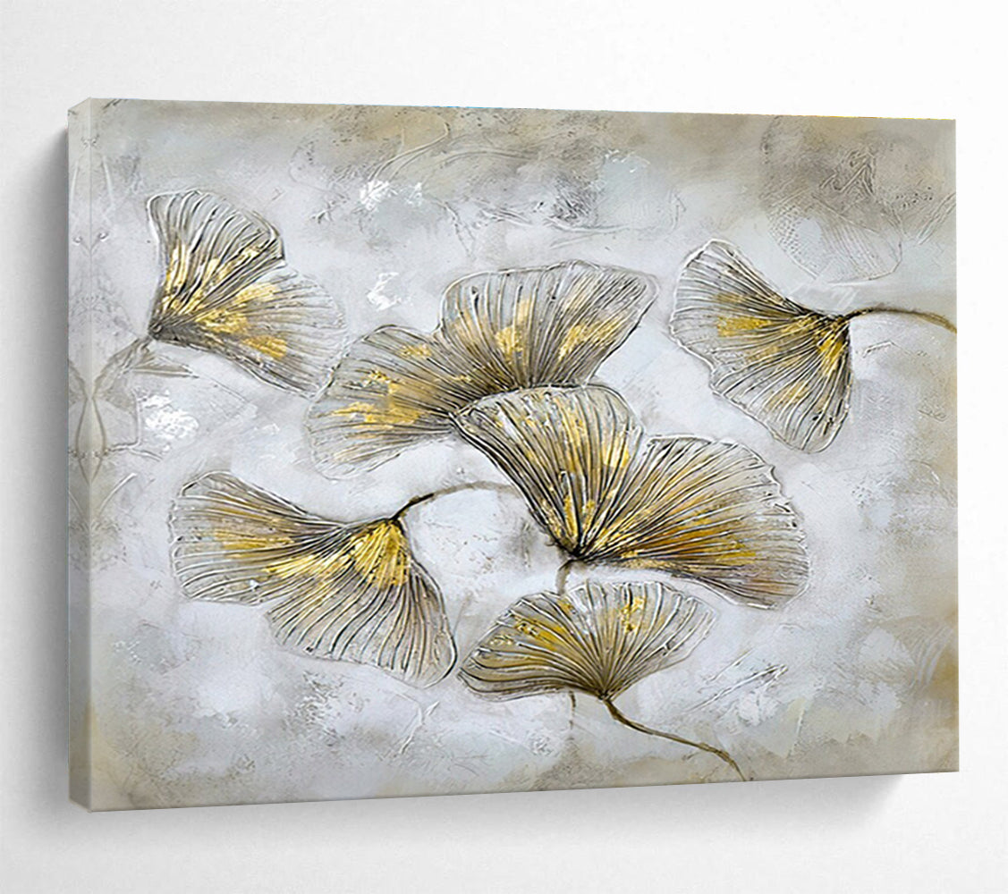 “Gilded Ginkgo Leaves” - Textured Botanical Painting On Canvas DKH790
