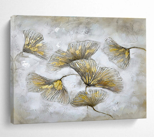 “Gilded Ginkgo Leaves” - Textured Botanical Painting On Canvas DKH790