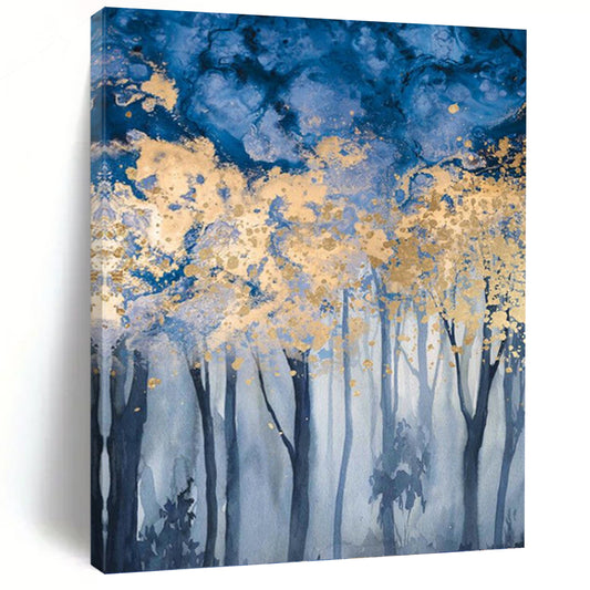“Blue - Gold Forest Enchantment” - Blue, Gold & Gray Tree - Themed Painting On Canvas DKH0936