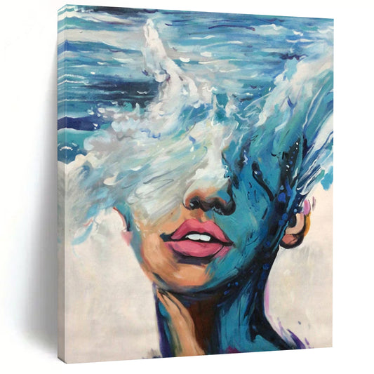 “Blue, White, Pink Ocean Face ‘Sea of Self’” - Impasto Figurative Painting On Canvas DTP347