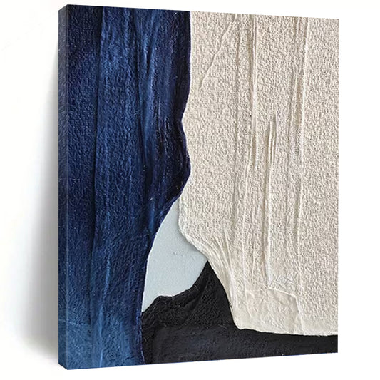 “Indigo & Ivory” - Indigo, Ivory & Black Textured Abstract Shapes Painting On Canvas DKH1547