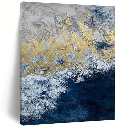 “Gold - Blue Waves” - Blue, Gray & Gold Abstract Ocean - Inspired Painting On Canvas DKH1549
