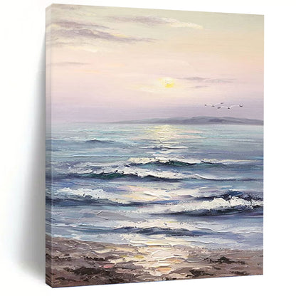 “Soft - Toned Seaside Sunset with Pastel Hues” - Impressionistic Seaside Scene Painting On Canvas DKH1596