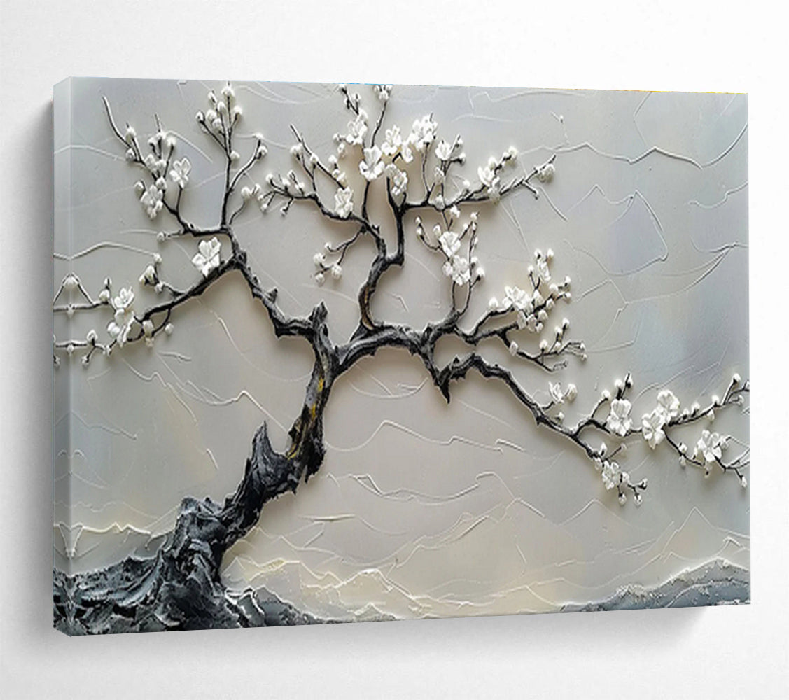 “Blossom Serenity” - Gray, White Textured Floral Relief - like Painting On Canvas DKH695