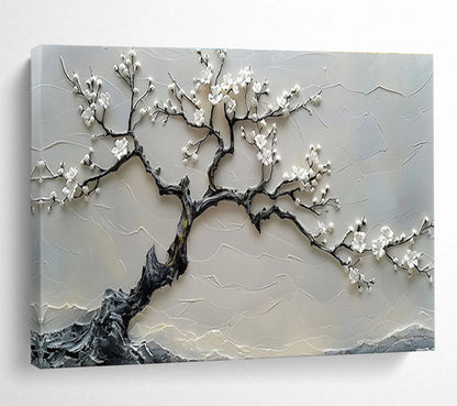 “Blossom Serenity” - Gray, White Textured Floral Relief - like Painting On Canvas DKH695