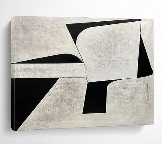 Monochrome Geometric Contrast in Gray and Black, Abstract Cubist - Inspired Painting On Canvas DKH582
