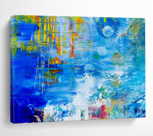 “Blue Abstract with Colorful Elements” Abstract Expressionist Painting On Canvas DKH439