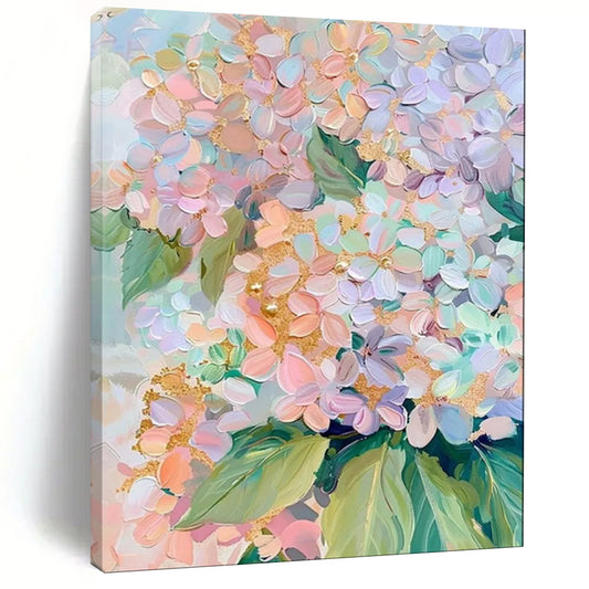 “Pastel Hydrangeas with Gold” – Impasto Floral Painting On Canvas CT2111