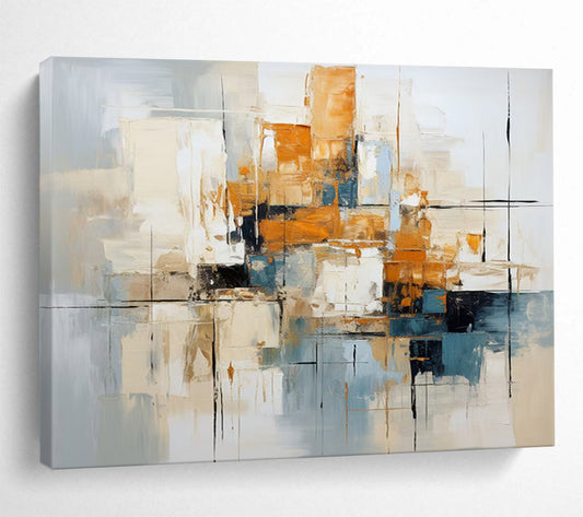 “Blue, Orange, Gray Urban ‘Metro Melody’” - Abstract Cityscape Painting On Canvas DLZ006