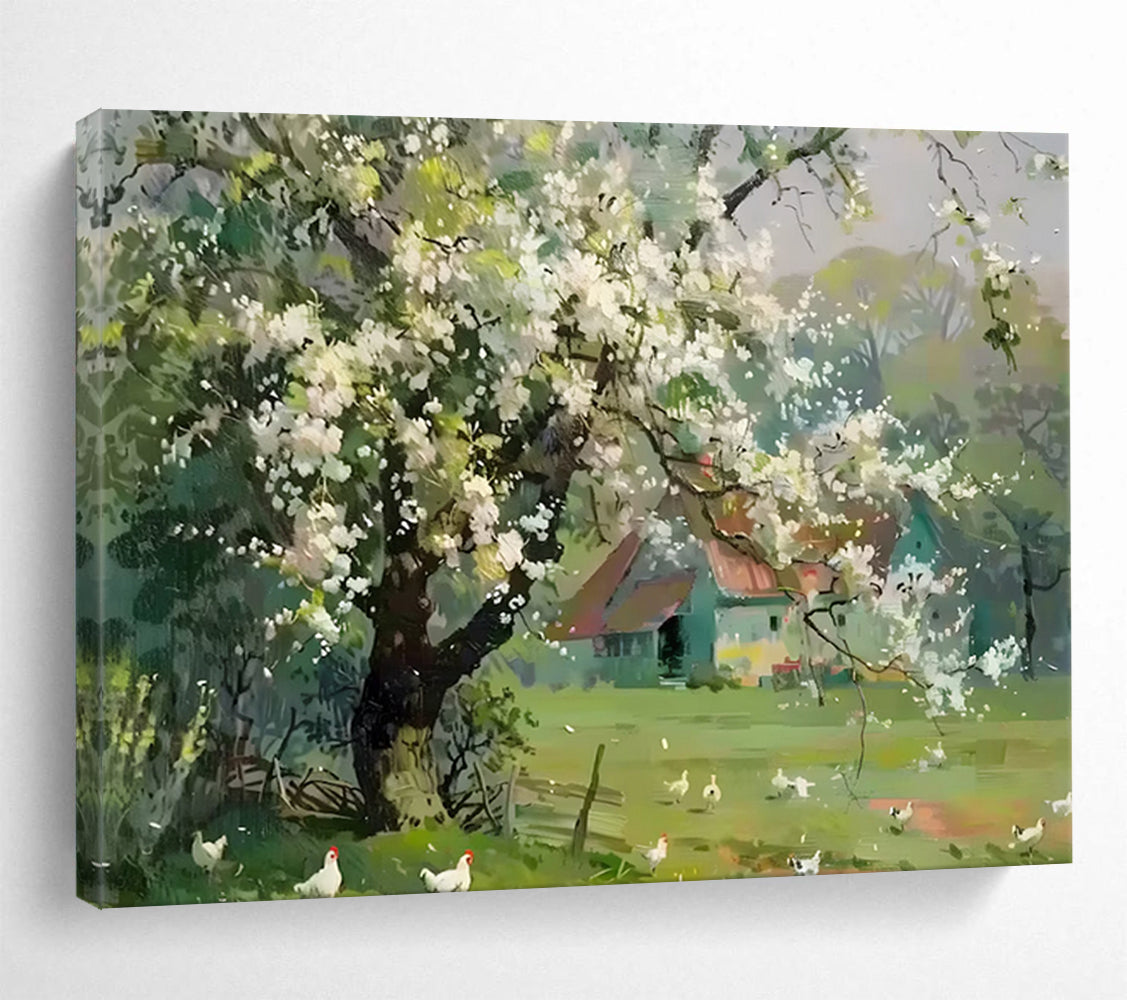 Blossoming Tree in Countryside - Realist Landscape Painting On Canvas DLZ215